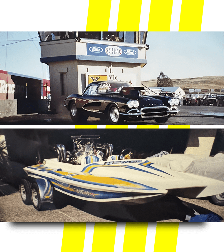 A car and boat are parked next to each other.