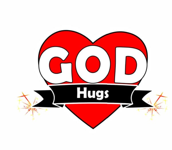 A red heart with the words god hugs on it.