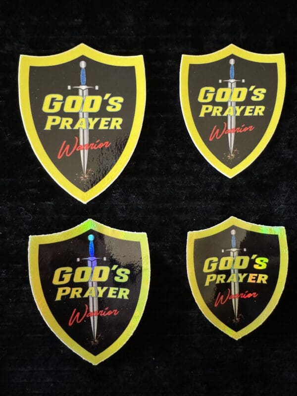 Here's an alt tag for the image: God's Prayer Warrior shield stickers.