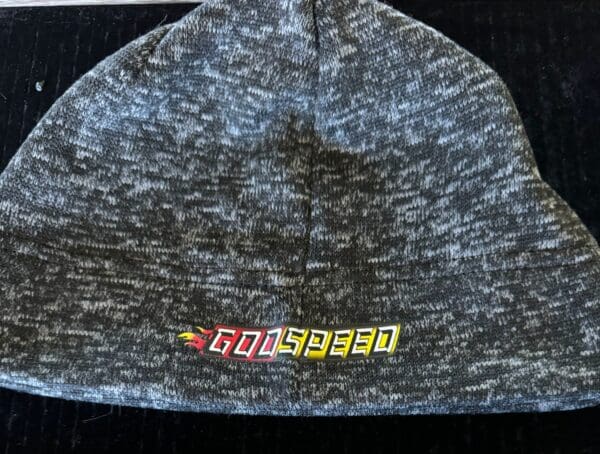 Gray knit beanie with "Godspeed" logo.