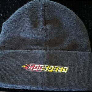 Black Godspeeed beanie, cuffed.