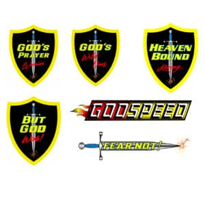 Religious shields and sword with text.